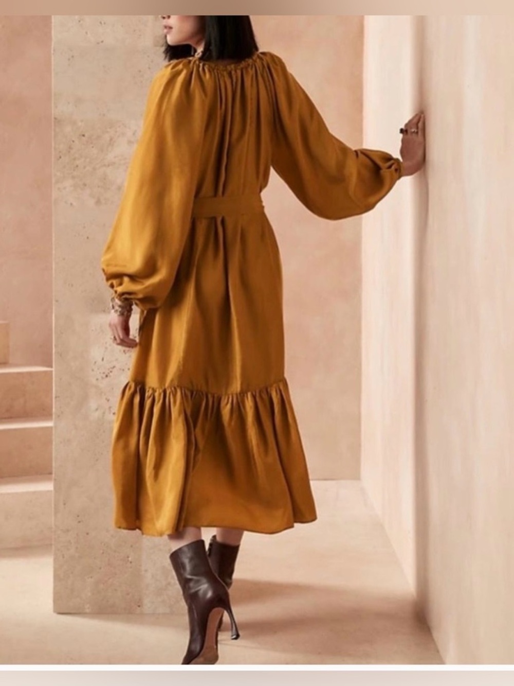 Banana Republic Silk Long-Sleeve Midi Dress Size Medium Petite Gold NWD - Picture 2 of 15